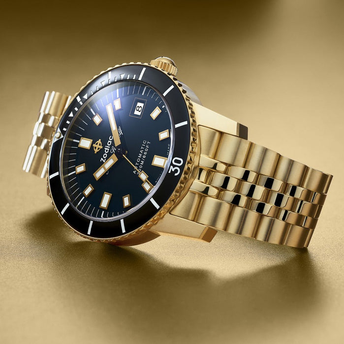 Zodiac Super Sea Wolf Compression Diver Automatic 18K Gold-Plated Limited Edition angled shot picture