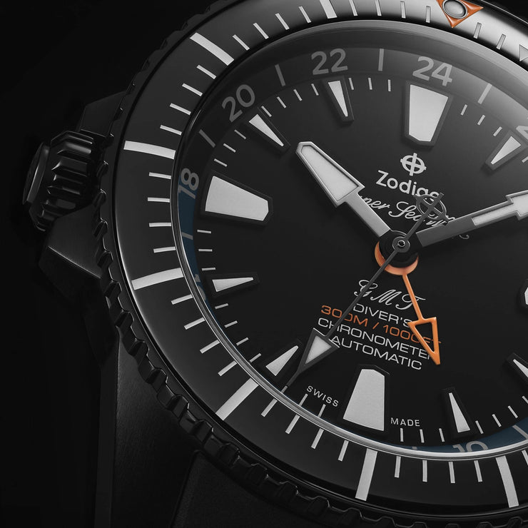 Zodiac ZO3557 Super Sea Wolf Swiss GMT Automatic SS Black - Watches.com - ZO3557