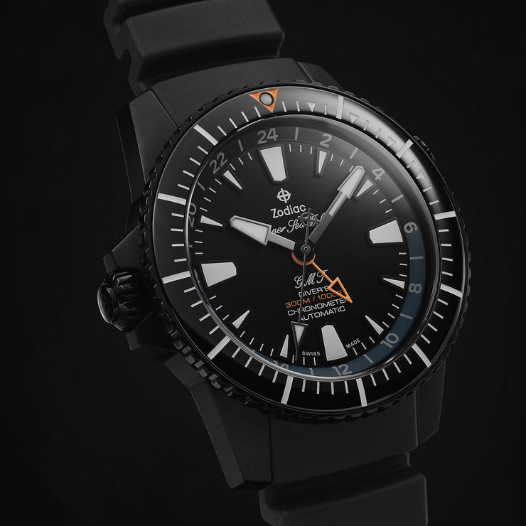 Zodiac ZO3557 Super Sea Wolf Swiss GMT Automatic SS Black - Watches.com - ZO3557